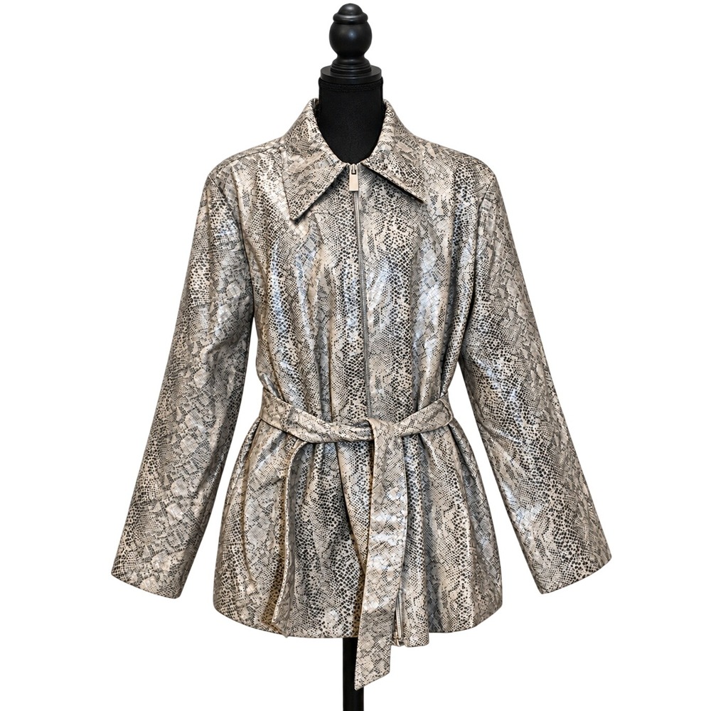Venezia Snakeskin Print Faux Leather Belted Jacket Women 18/20 Grey Trench Coat